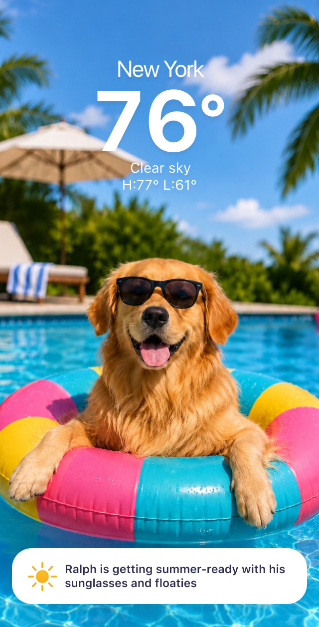 PawCast showing 76° and clear skies in New York, with a golden retriever in sunglasses floating in a pool ring